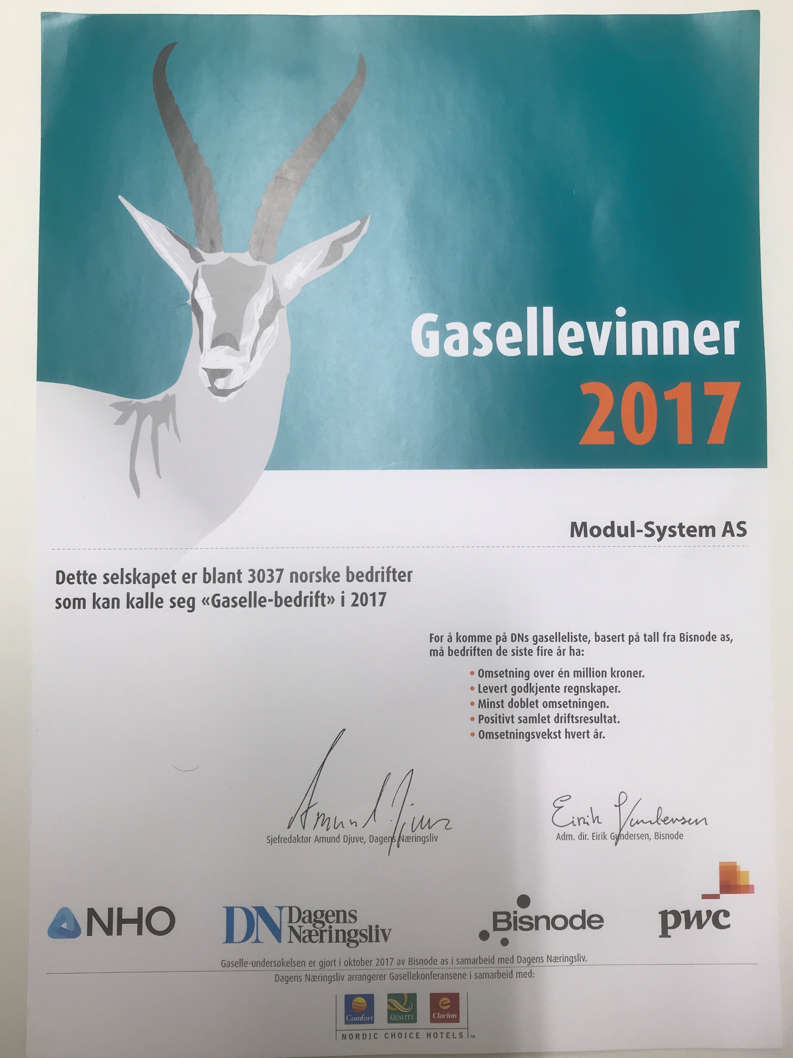 Modul-System Norge har nylig mottatt pris som Gasellevinner 2017